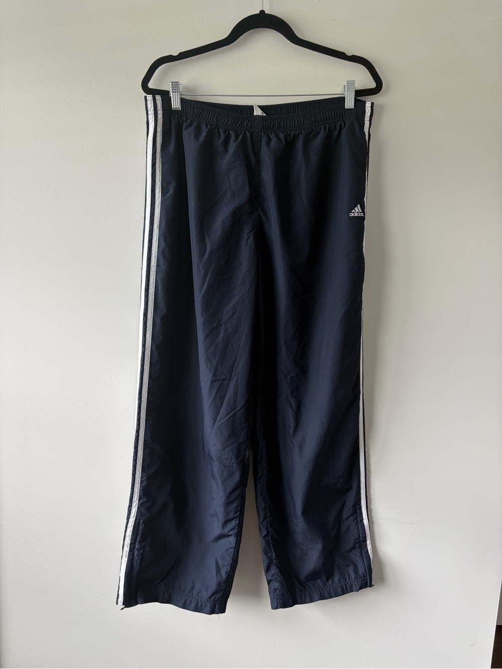 adidas y2k navy 3 stripe unisex track pants wide leg sporty 34x31